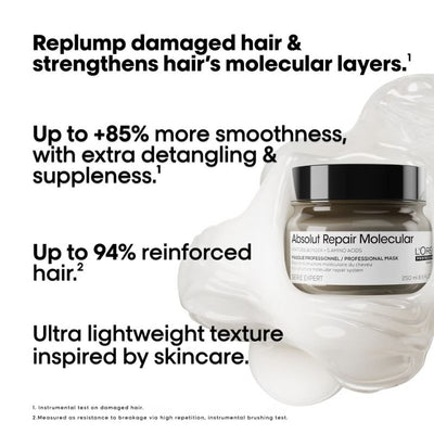 L'Oréal Professionnel Absolut Repair Molecular Shampoo 300ml and Rinse-Off Mask 250ml Set for Damaged Hair