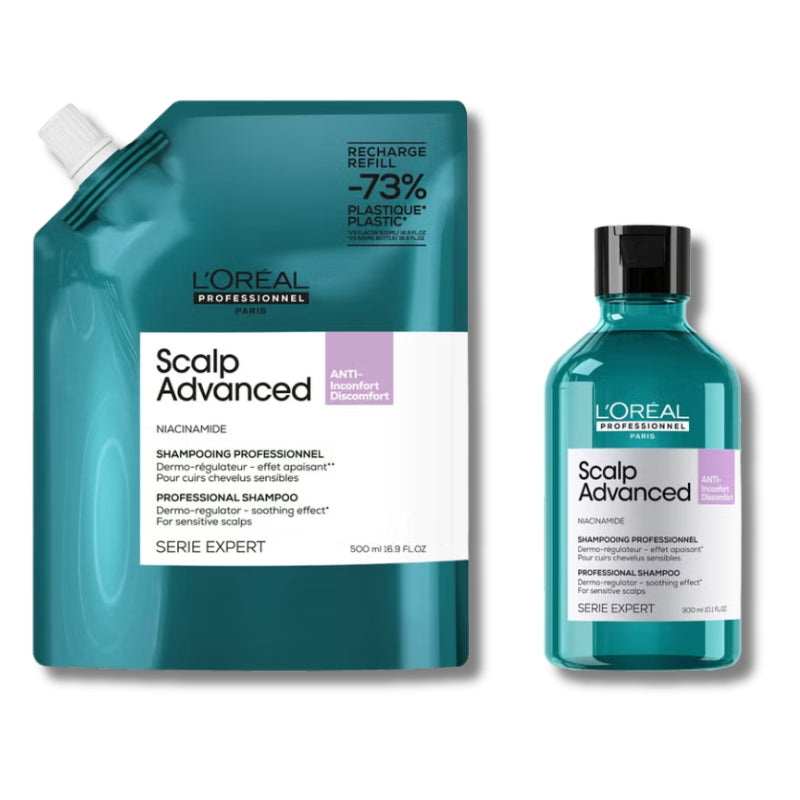 L’Oréal Professionnel Scalp Advanced Anti-Discomfort Shampoo 300ml and Refill Pack 500ml deep scalp treatment